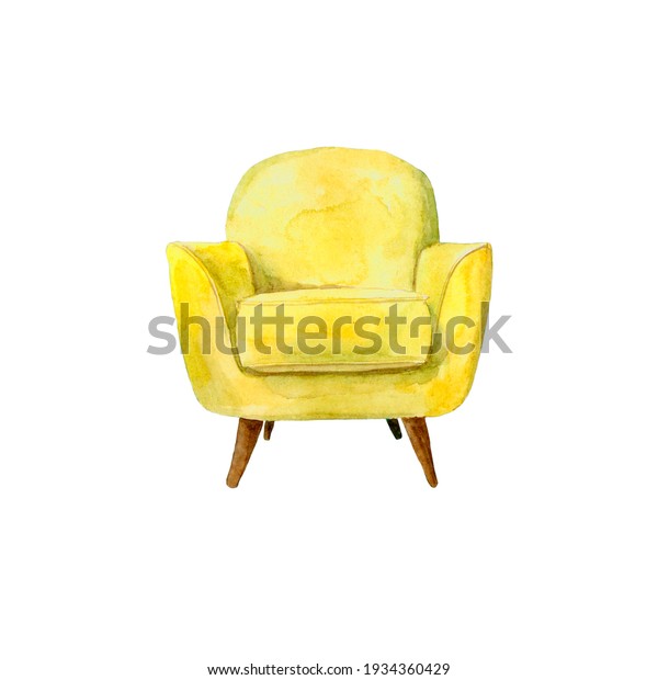 Drawing of a yellow chair. Watercolour\
drawing. Colored\
furniture.