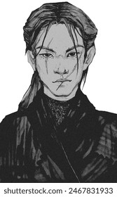 Drawing young comic style man face scar. Asian with long black hair. Samurai Character portrait art Guy in kimono frontal viev face drawing coloring contour people outline ink detailed illustration