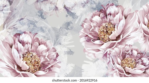 drawn art peonies on a textured wall with imitation of scuffs. Photo wallpaper in a room or interior of a house. For printing on a label poster of a postcard
