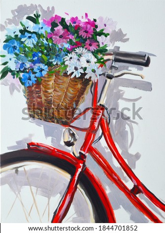 Drawn bicycle with flowers. Red bike with a basket of flowers. Original oil painting. Painting on canvas. Festive postcard. Illustration for a woman. Painting in the interior.