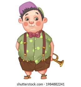 Drawn Boy In A Cap, Shorts, Sandals, Suspenders, Green Shirt With Polka Dots, With A Bugle Behind His Back In Cartoon Style On A White Background