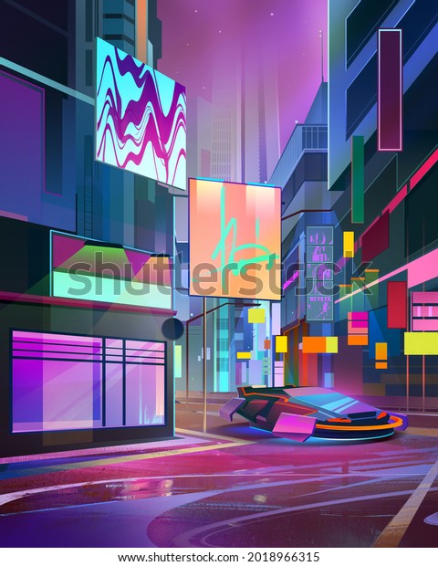 drawn\
bright future cityscape in cyberpunk style with\
car