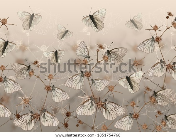 Drawn butterflies on thorns. Wall mural, wallpaper, in the style of classic, baroque, modern, rococo. Brown photo wallpaper design.