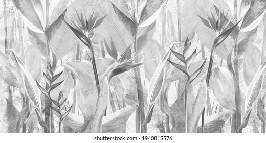 Drawn exotic tropical leaves and flowers on concrete grunge wall. Floral background. Design for wallpaper, photo wallpaper, mural, card, postcard.