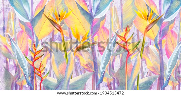Drawn exotic tropical leaves and flowers on concrete grunge wall. Floral background. Design for wallpaper, photo wallpaper, mural.
