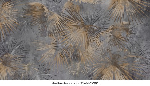 Drawn exotic tropical leaves on concrete grunge wall. Floral background. Design for wallpaper, photo wallpaper, mural, card, postcard.