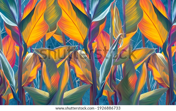 Drawn exotic tropical leaves on concrete grunge wall. Floral background. Design for wallpaper, home mural.