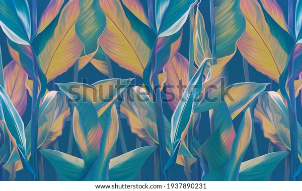 Drawn exotic tropical leaves on blue wall. Floral background. Design for wallpaper, photo wallpaper, mural, card, postcard.