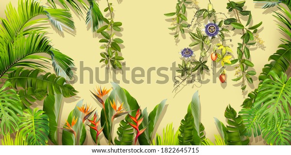 Drawn exotic tropical plants, flowers and green leaves on a light beige background. Great choice for wallpaper, photo wallpaper, murals. Design for modern and loft interiors.