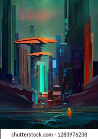 Drawn Fantastic Cyberpunk Landscape With Skyscrapers And Traveler