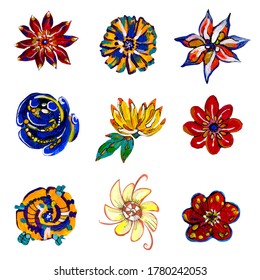 Drawn flowers on isolated background. Bright decorative flowers for textiles. Acrylic painted flowers pattern.