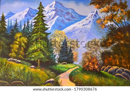 Drawn forest and mountains. Mountain autumn landscape. Original oil painting. Forest path. 