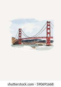 Drawn Golden Gate Bridge San Francisco.USA  America. Famous Places.
 Sketch