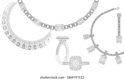 Drawn jewelry set. Diamond necklace, gemstone ring. Luxurious shiny jewelry pattern. Advertising material