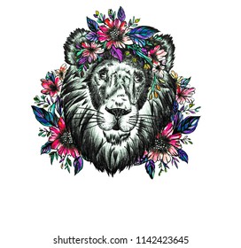 Drawn Lion Flowers Tattoo Graphics Stock Illustration 1142423636