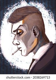
drawn man smoking seen in profile.