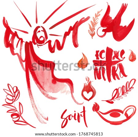 Drawn set of Christian elements: Jesus Christ is risen, blesses, the Holy Spirit in the form of a dove, Pentecost, the ascension of Christ. Catholic, orthodox symbols, christian background 