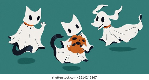 Drawn style. Cute ghost cats playfully interacting with jack-o'-lantern, bringing lighthearted spooky charm to stickers. Concept of autumn events, festive mood, spooky and festive mood. - Powered by Shutterstock