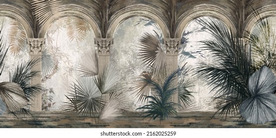 Drawn Tropical, Exotic Plants And Leaves Among The Columns. Floral Background For Mural, Wallpaper, Photo Wallpaper, Postcard, Card. Loft, Modern, Classic Design.	
