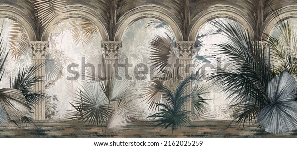 Drawn tropical, exotic plants and leaves among the columns. Floral background for mural, wallpaper, photo wallpaper, Loft, modern, classic design. 