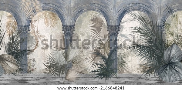 Drawn tropical, exotic plants and leaves among the columns. Floral background for mural, wallpaper, photo wallpaper, postcard, card. Loft, modern, classic design. Removable and reusable. 