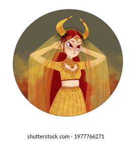 Drawn Zodiac Sign Taurus In The Form Of A Girl Dressed In Indian Style With Bull Horns In Yellow And Red Colors