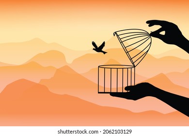 Dream Birds Flying Away, the birds flying out of the cage, the birds released from a cage, freedom concept. birds set free illustration.