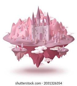 Dream Castle On Fantasy Island Pink Landscape Hovering In The Air 3d Creative Childhood Dream Concept, Isolated On White