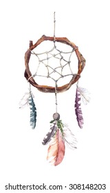 Dream Catcher (dreamcatcher) With Feathers. Watercolor