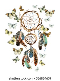 Dream catcher with feathers and butterflies. Watercolor ethnic dreamcatcher. Hand painted illustration for your design