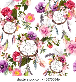 Dream Catcher, Flowers, Feathers. Seamless Pattern. Watercolor