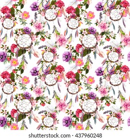 Dream Catcher, Flowers, Feathers. Seamless Pattern. Watercolor