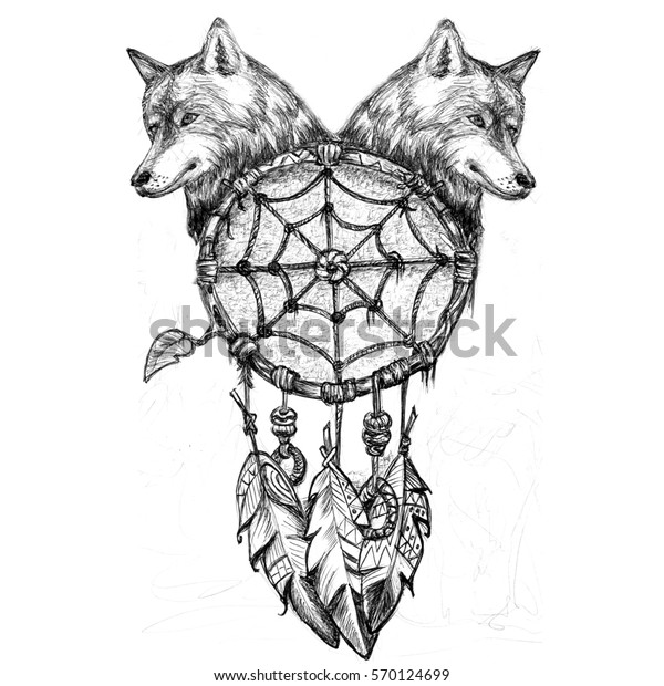 Dream Catcher Wolf Head Pencil Drawing Stock Illustration 570124699