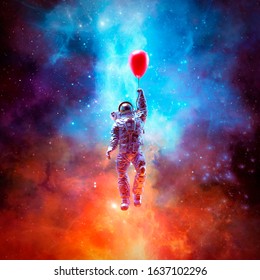 Dream of escape / 3D illustration of surreal science fiction scene with astronaut floating into space using red balloon - Powered by Shutterstock