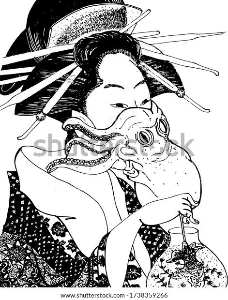 検疫中の漁師の妻の夢 女とタコ 彫刻 女の子の顔にはタコの仮面がついてる のイラスト素材