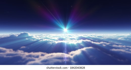 Dream Fly Above Clouds Ray Light, 3d Rendering Illustration