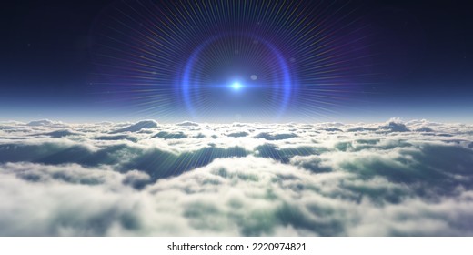 Dream Fly Above Clouds Ray Light, 3d Rendering Illustration