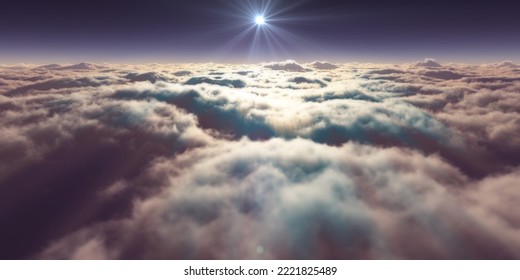 Dream Fly Above Clouds Ray Light, 3d Rendering Illustration