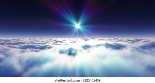 Dream Fly Above Clouds Ray Light, 3d Rendering Illustration