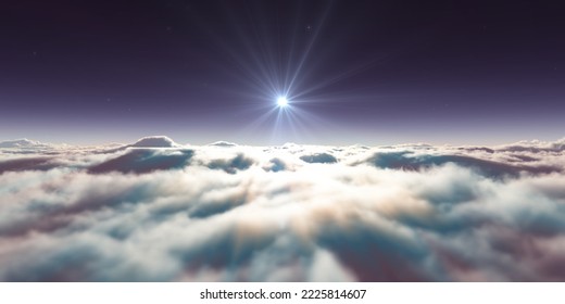 Dream Fly Above Clouds Ray Light, 3d Rendering Illustration