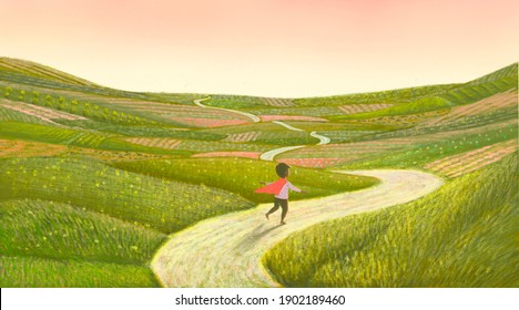 Dream hope inspiration and freedom concept, Boy playing superhero with nature landscape. surreal painting. Fantasy art, conceptual artwork, happiness of child , 3d illustration - Powered by Shutterstock