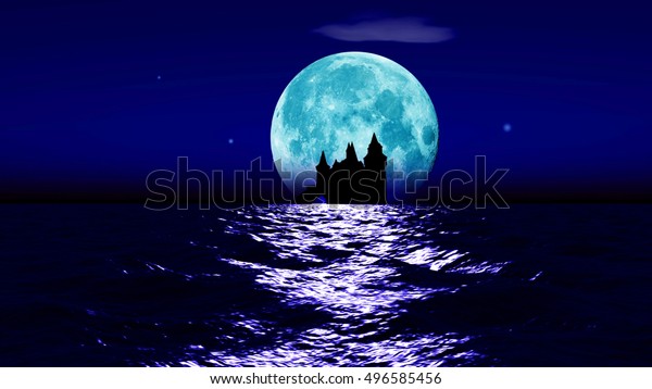 Dream landscape. Big realistic\
moon rising over a calm surface of ocean. Stars glittering, clouds\
passing by and a castle ruin in a distance. 3D\
rendering.