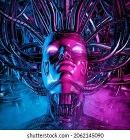 Dream of the machine - 3D illustration of metallic science fiction female artificial intelligence inside futuristic computer core