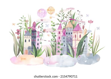 Dream world. Watercolor little castles and cute flowers in the clouds. Fantasy castle from dreams. Cute little city. Fairy tale summer adventure.