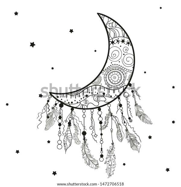 Dreamcatcher. Abstract mystic symbol. Design for\
spiritual relaxation for adults. Line art creation. Black and white\
illustration for\
coloring