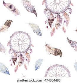 Dreamcatcher And Feather Pattern. Watercolor Bohemian Decoration. Watercolour Color Dream Catcher Design. Seamless Repeating Colour Boho Print. Tribal Hand Drawn Chic Wallpaper.