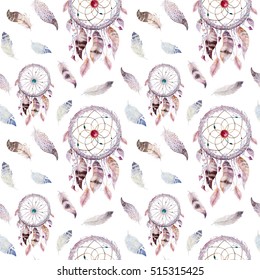 Dreamcatcher And Feather Pattern. Watercolor Bohemian Decoration. Watercolour Color Dream Catcher Design. Seamless Repeating Colour Boho Print. Tribal Hand Drawn Chic Wallpaper.