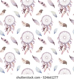 Dreamcatcher And Feather Pattern. Watercolor Bohemian Decoration. Watercolour Color Dream Catcher Design. Seamless Repeating Colour Boho Print. Tribal Hand Drawn Chic Wallpaper.