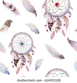 Dreamcatcher And Feather Pattern. Watercolor Bohemian Decoration. Watercolour Color Dream Catcher Design. Seamless Repeating Colour Boho Print. Tribal Hand Drawn Chic Wallpaper.