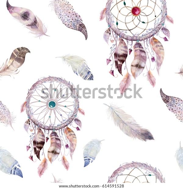 ドリームキャッチャーと羽柄 水彩ボヘミアンの装飾 水彩カラー